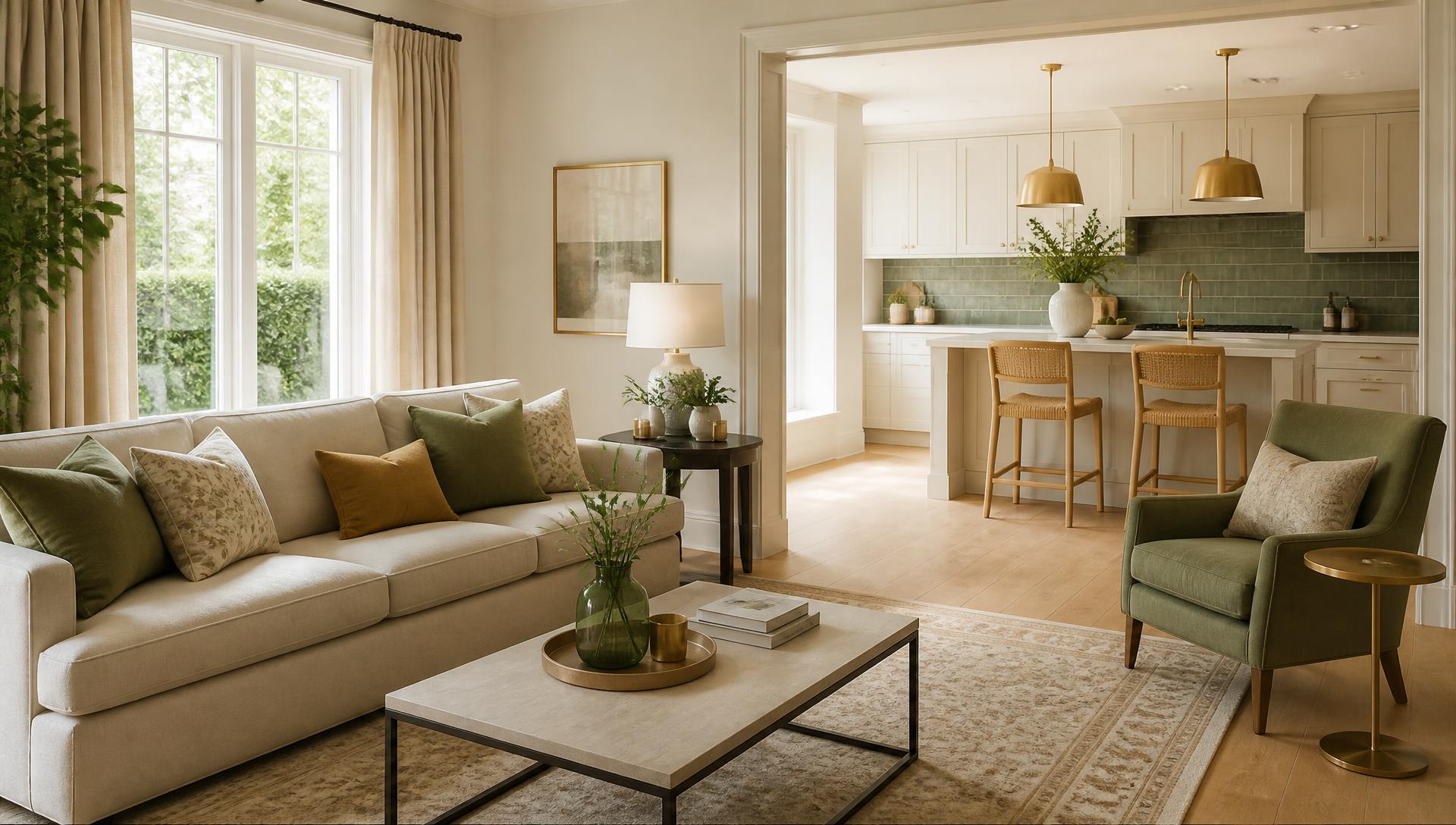Calm, light-filled studio flat styled in neutral tones with sage-green and gold accents
