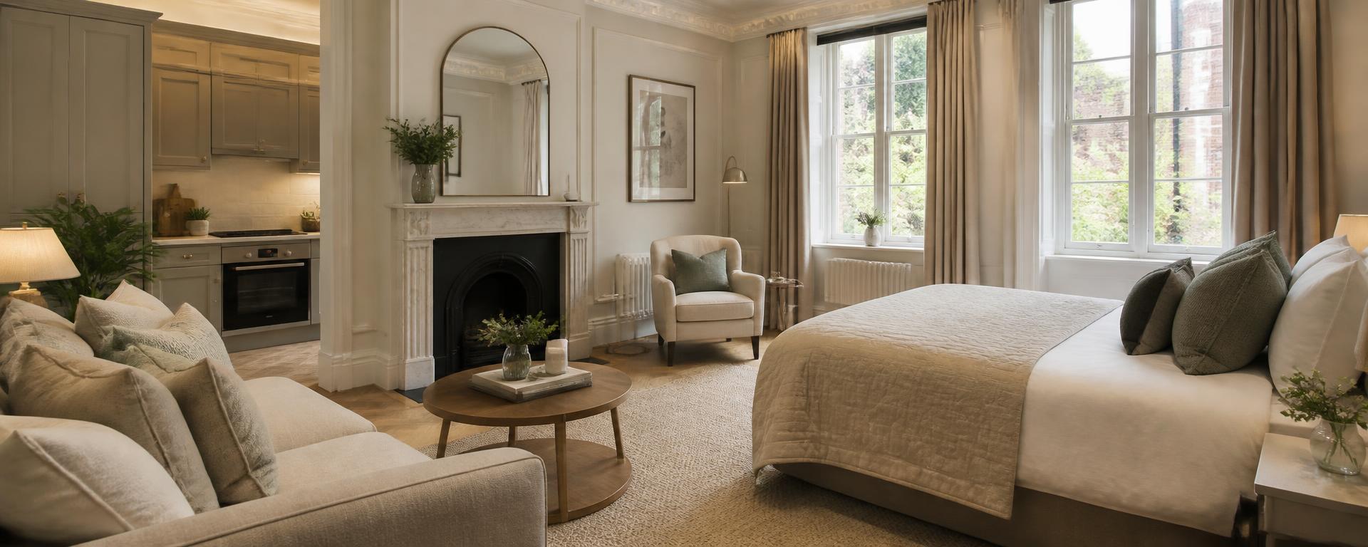 Warm, professionally presented studio apartment with an open-plan kitchen